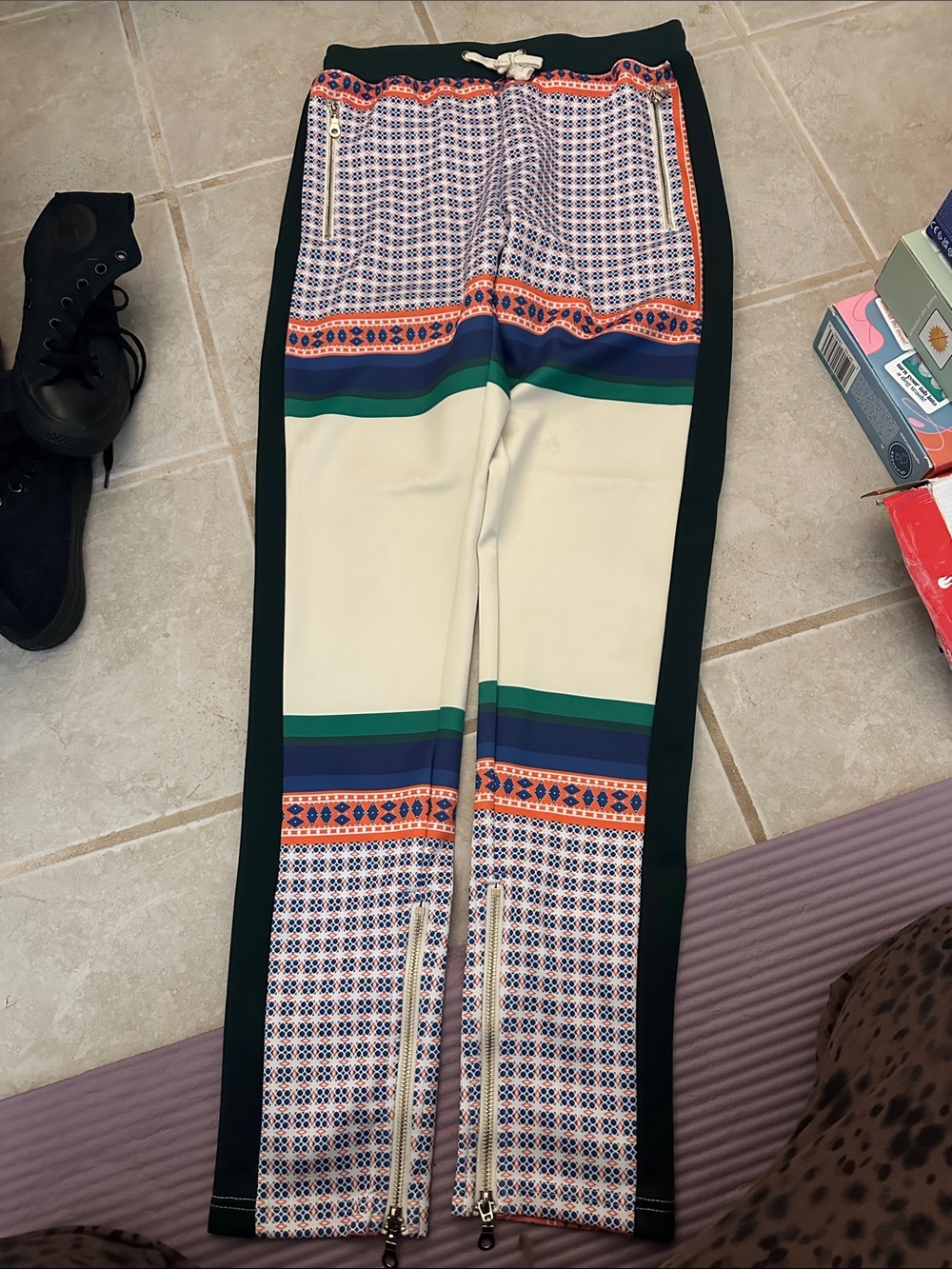 Kids Cream & Green Patterned Joggers with Zip Ankles